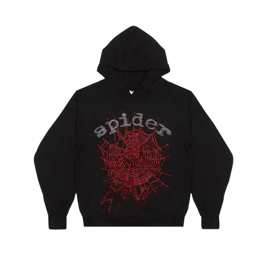Sp5der Rhinestone OG Web V2 Hoodie Black Red
