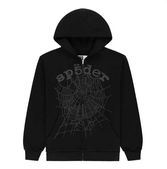 Sp5der Black OG Web V2 Phantom Zip Up Hoodie
